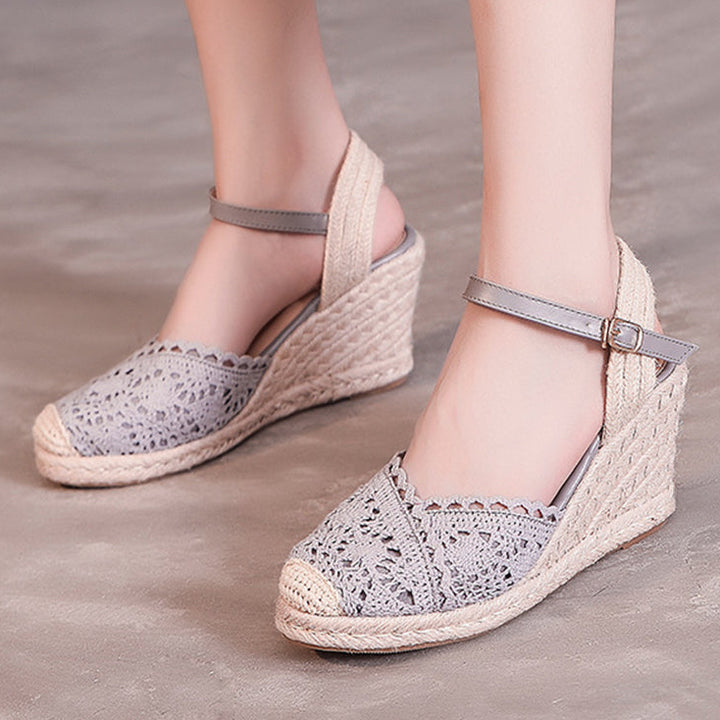 Elegant Crochet Espadrille Wedge Sandals for Women - Closed-Toe Ankle Strap for Summer