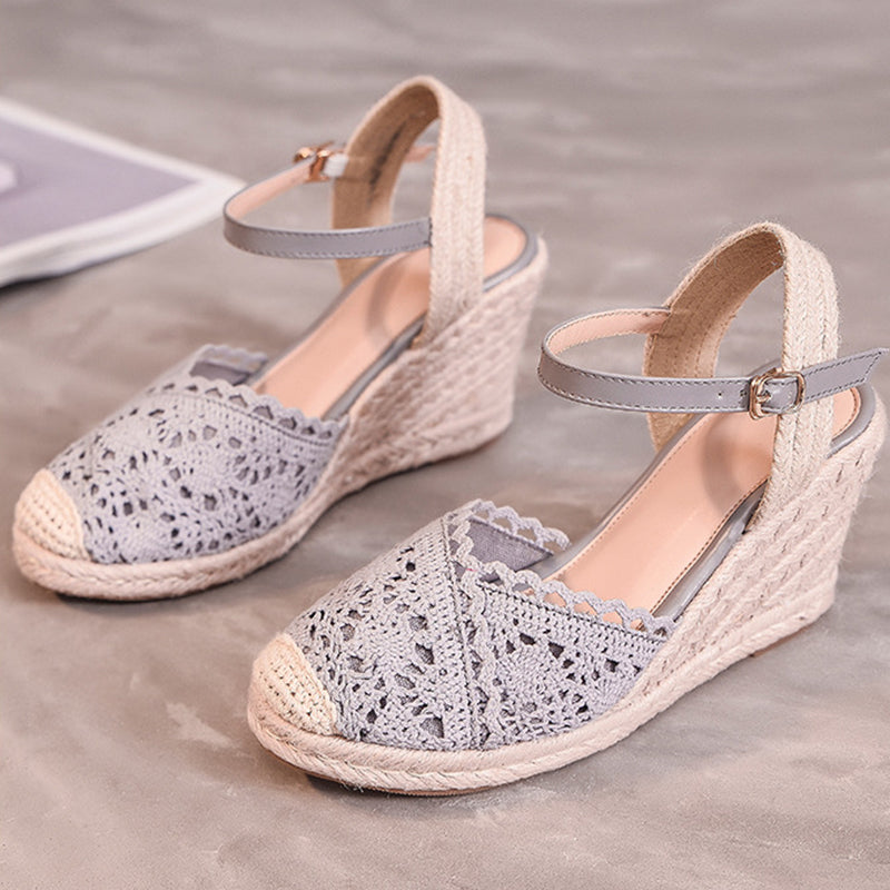 gray Elegant Crochet Espadrille Wedge Sandals for Women - Closed-Toe Ankle Strap for Summer