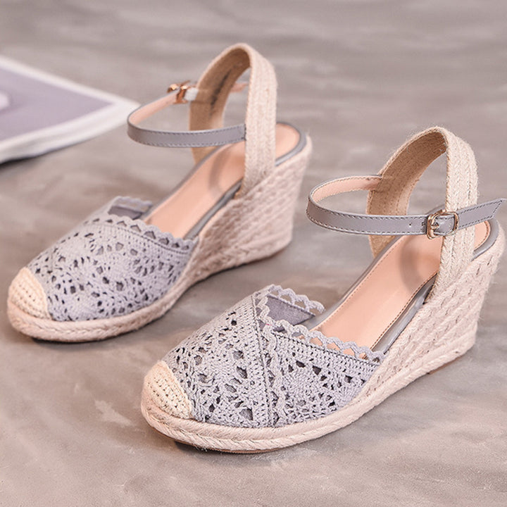 gray Elegant Crochet Espadrille Wedge Sandals for Women - Closed-Toe Ankle Strap for Summer