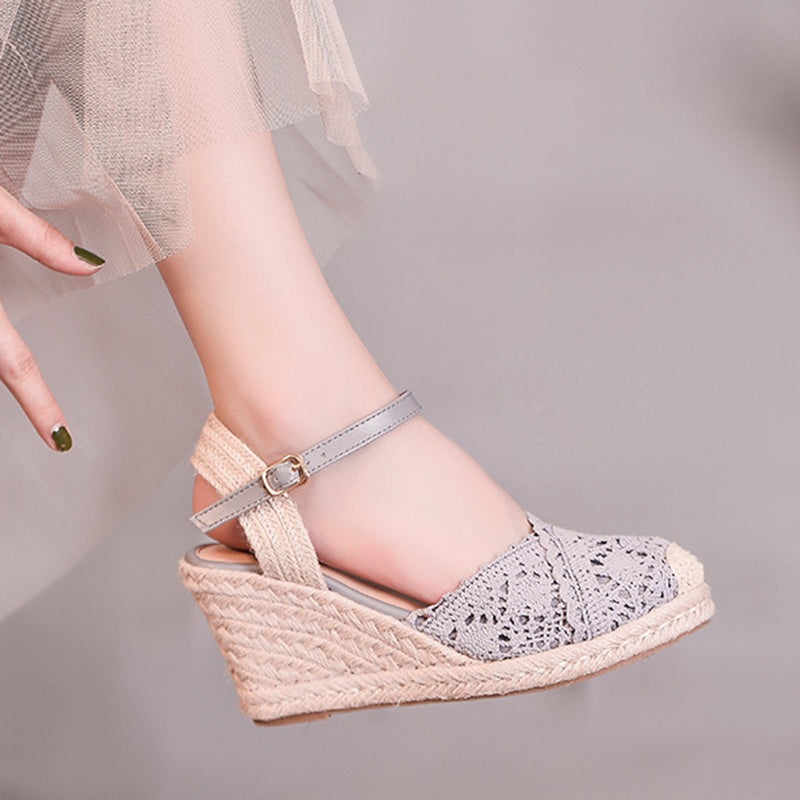 Elegant Crochet Espadrille Wedge Sandals for Women - Closed-Toe Ankle Strap for Summer