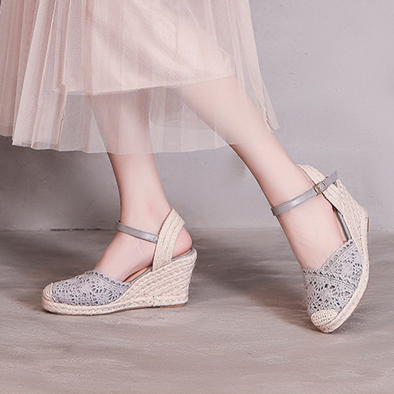 gray Elegant Crochet Espadrille Wedge Sandals for Women - Closed-Toe Ankle Strap for Summer