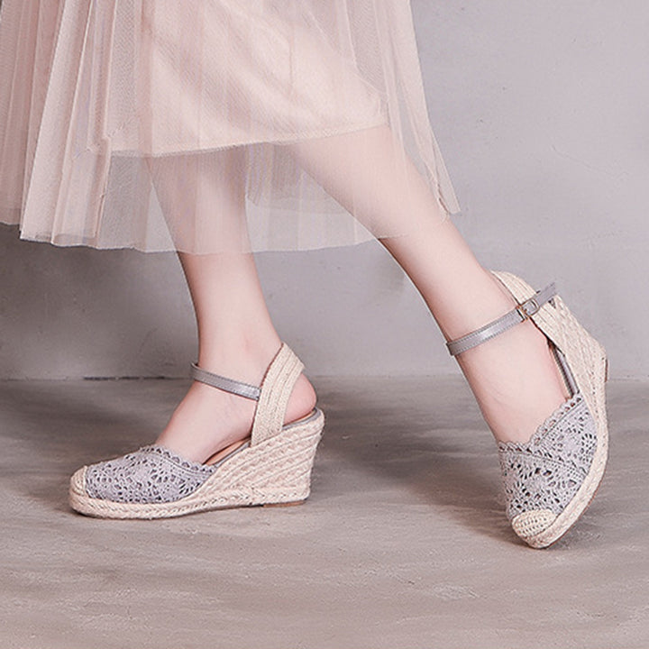 gray Elegant Crochet Espadrille Wedge Sandals for Women - Closed-Toe Ankle Strap for Summer