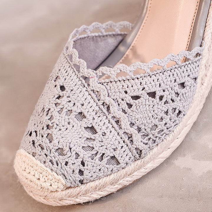 gray Elegant Crochet Espadrille Wedge Sandals for Women - Closed-Toe Ankle Strap for Summer