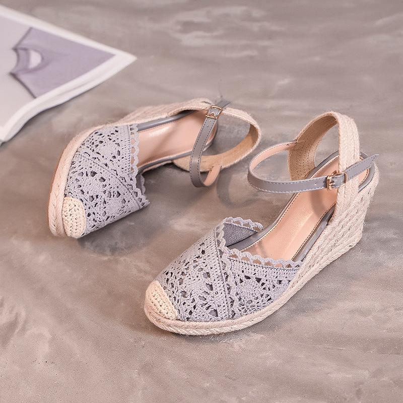 gray Elegant Crochet Espadrille Wedge Sandals for Women - Closed-Toe Ankle Strap for Summer