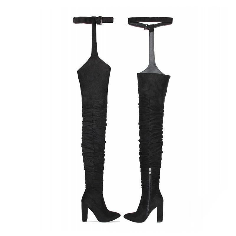 Women faux suede thigh high waist belt chunky high heel slouch boots | Over the knee waist belted boots