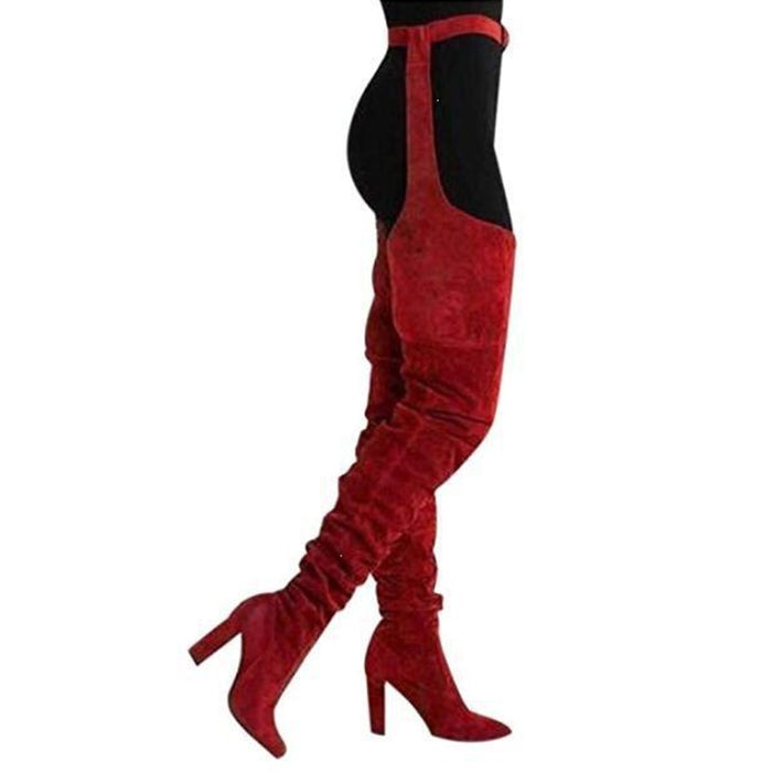 Women faux suede thigh high waist belt chunky high heel slouch boots | Over the knee waist belted boots