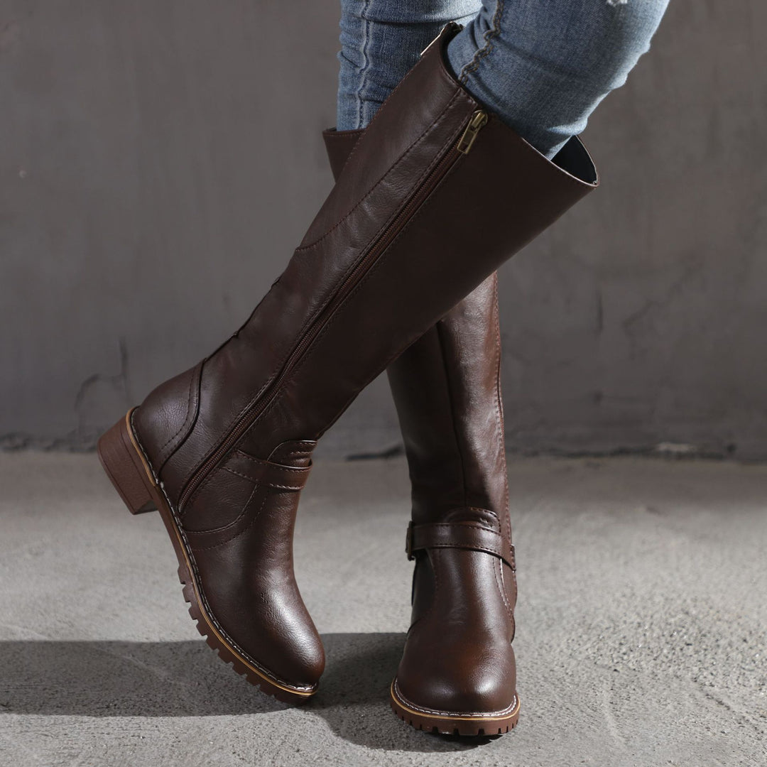 Women retro low heel knee high knight riding boots