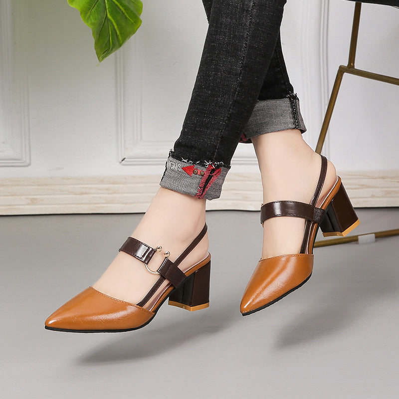 brown Chic Two-Tone Slingback Sandals for Women – Elegant Block Heels for Work & Parties