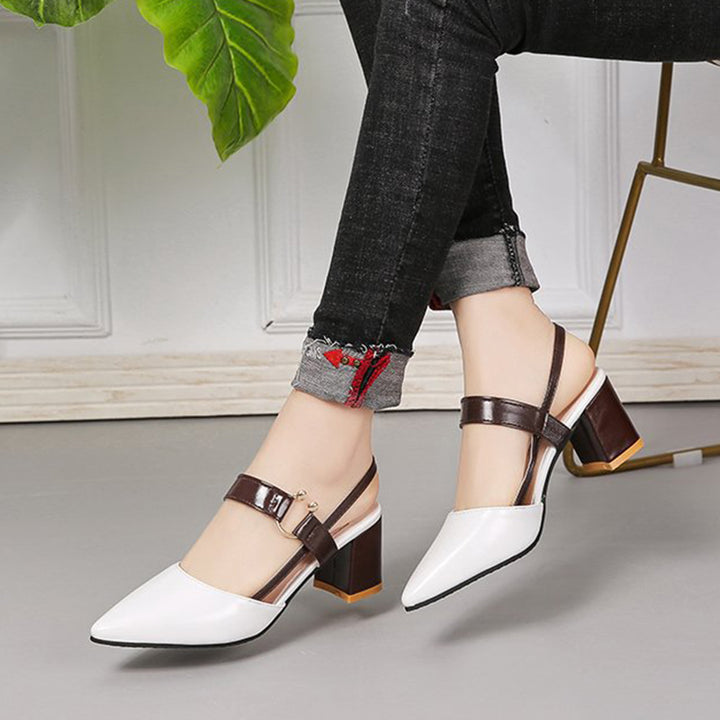 beige Chic Two-Tone Slingback Sandals for Women – Elegant Block Heels for Work & Parties