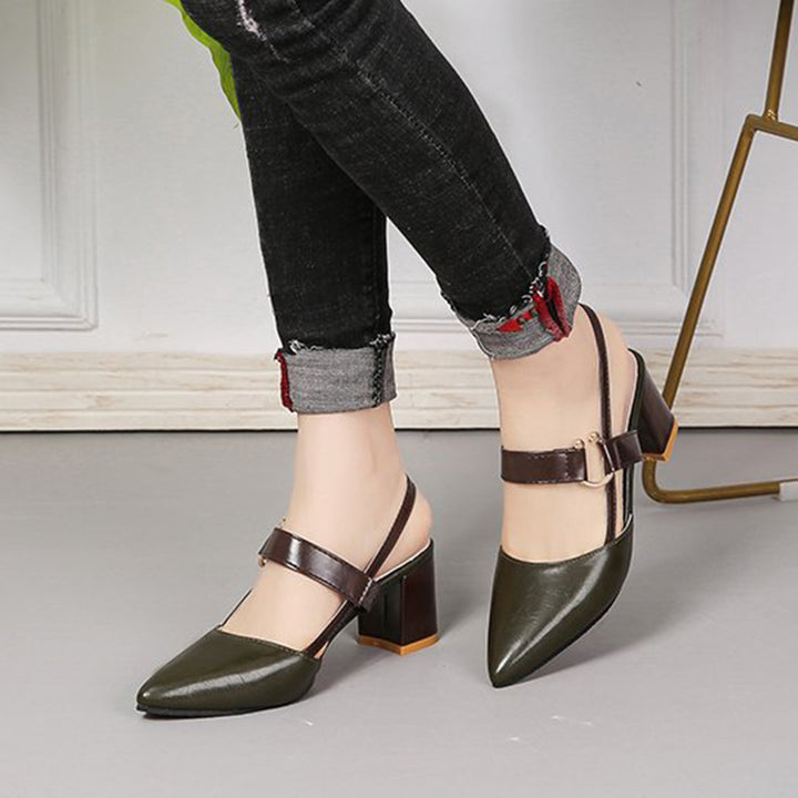 green Chic Two-Tone Slingback Sandals for Women – Elegant Block Heels for Work & Parties