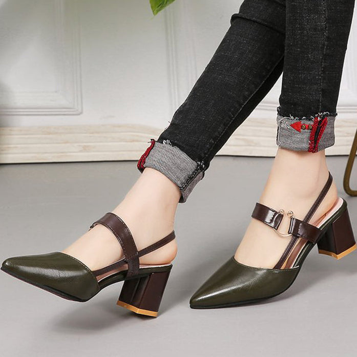Chic Two-Tone Slingback Sandals for Women – Elegant Block Heels for Work & Parties