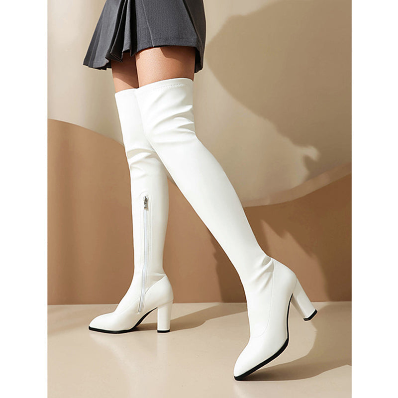 white Women's 4 inches chunky heels strechy thigh boots
