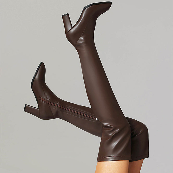 brown Women's 4 inches chunky heels strechy thigh boots