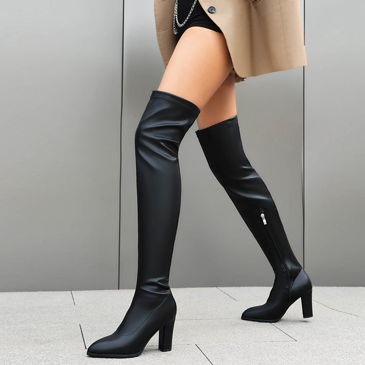 black Women's 4 inches chunky heels strechy thigh boots