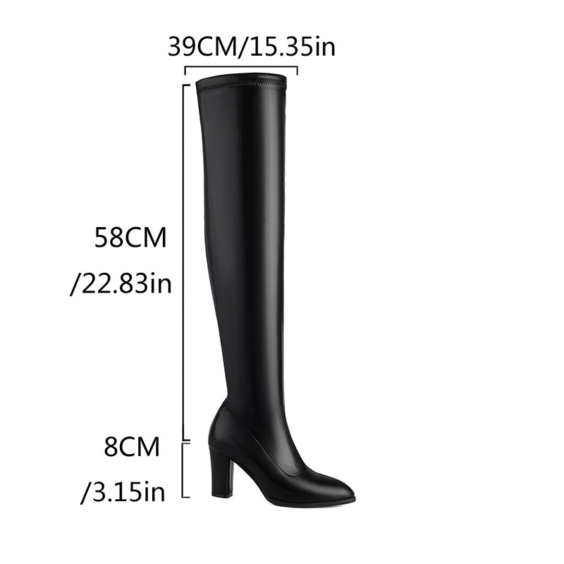 black Women's 4 inches chunky heels strechy thigh boots