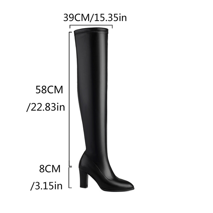 black Women's 4 inches chunky heels strechy thigh boots