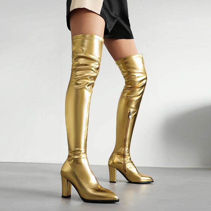 Women's 4 inches chunky heels strechy thigh boots