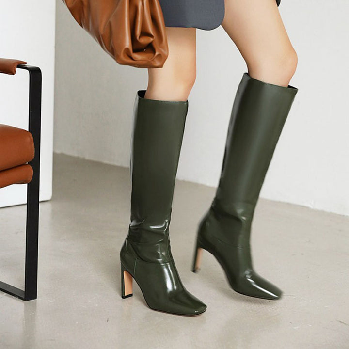 green Women's Square Toe Block Heel Knee-High Boots