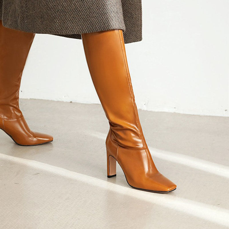 yellow Women's Square Toe Block Heel Knee-High Boots