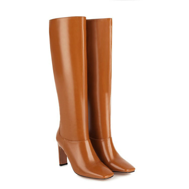 yellow Women's Square Toe Block Heel Knee-High Boots