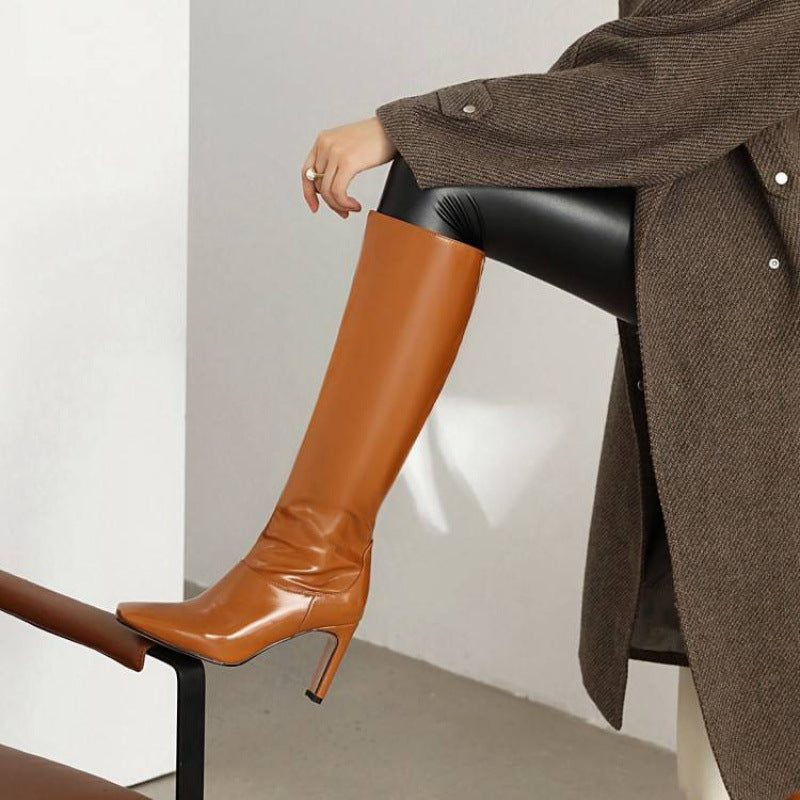 yellow Women's Square Toe Block Heel Knee-High Boots