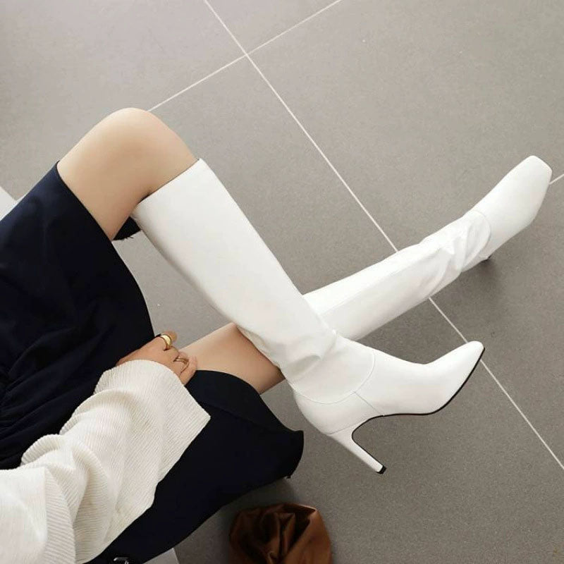 white Women's Square Toe Block Heel Knee-High Boots