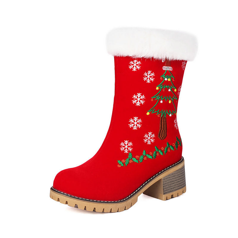 red Women's Christmas Embroidered Fur-Cuff Mid-Calf Boots