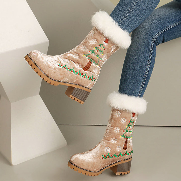 khaki Women's Christmas Embroidered Fur-Cuff Mid-Calf Boots