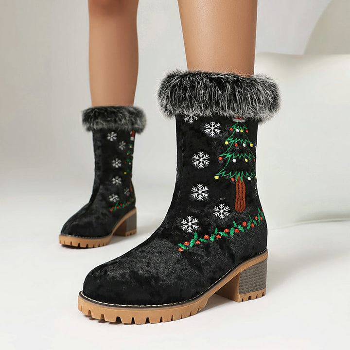 Women's Christmas Embroidered Fur-Cuff Mid-Calf Boots