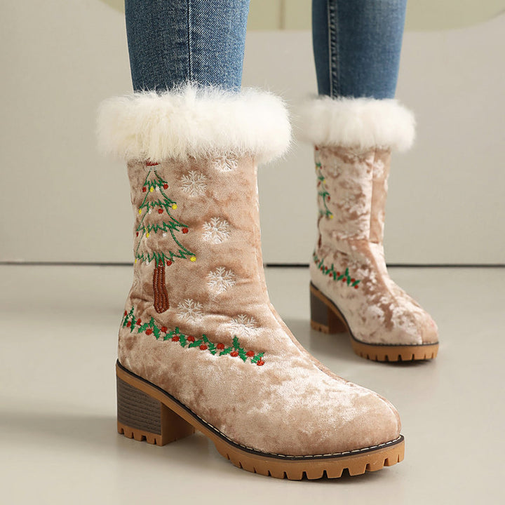 khaki Women's Christmas Embroidered Fur-Cuff Mid-Calf Boots