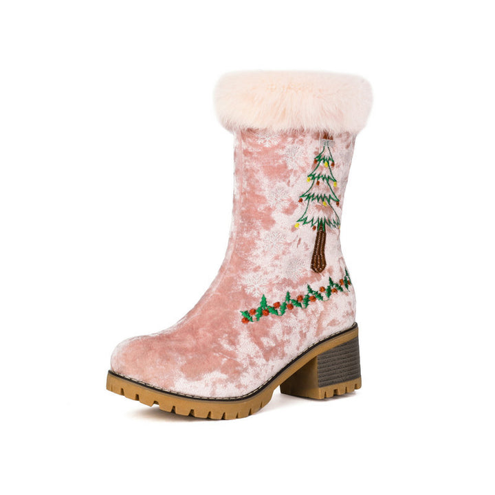 Women's Christmas Embroidered Fur-Cuff Mid-Calf Boots