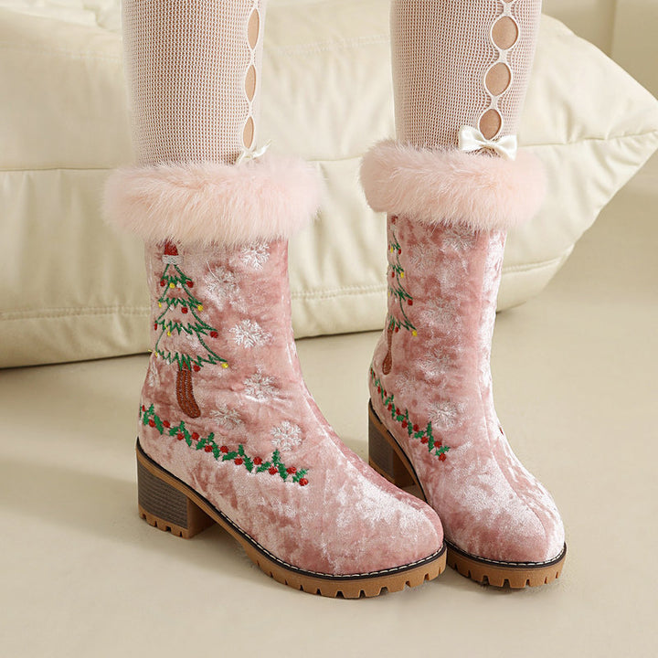 pink Women's Christmas Embroidered Fur-Cuff Mid-Calf Boots