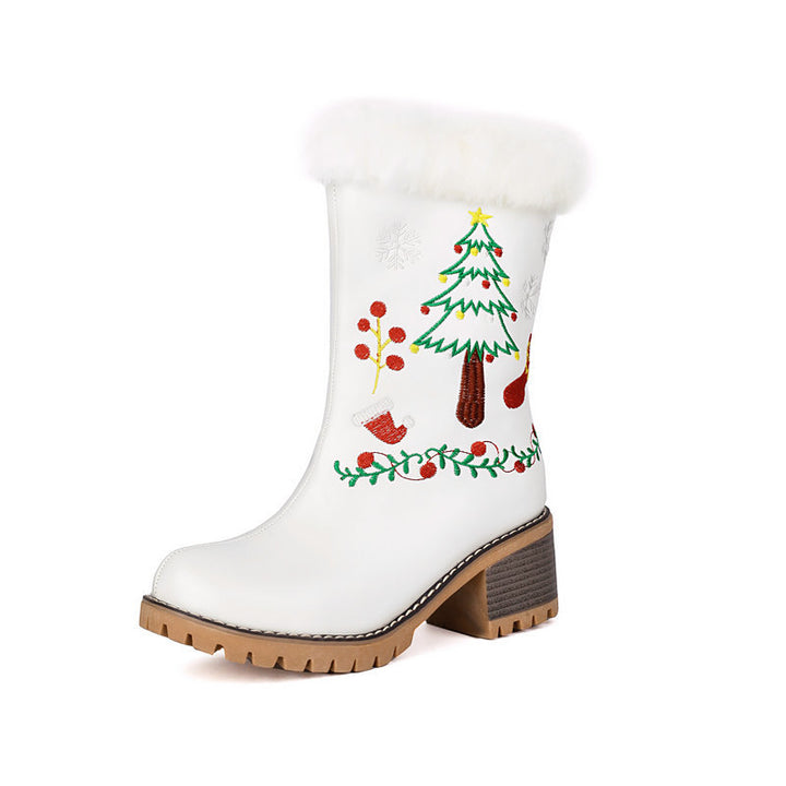 Women's Christmas Embroidered Fur-Cuff Mid-Calf Boots