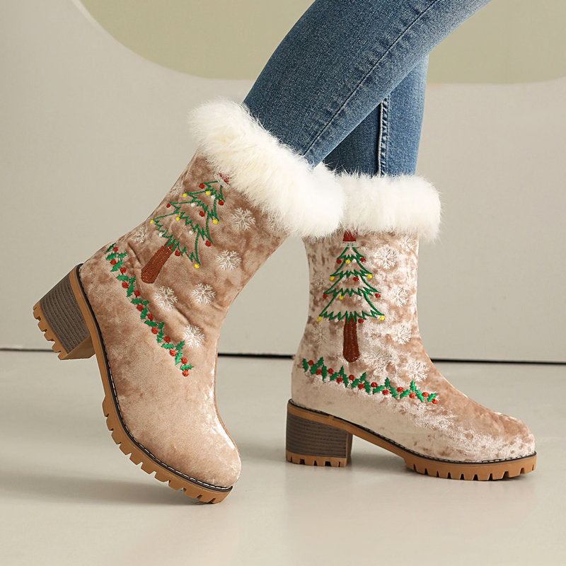 khaki Women's Christmas Embroidered Fur-Cuff Mid-Calf Boots