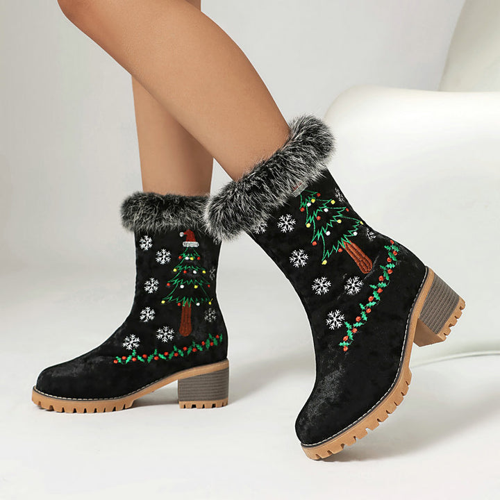 black Women's Christmas Embroidered Fur-Cuff Mid-Calf Boots