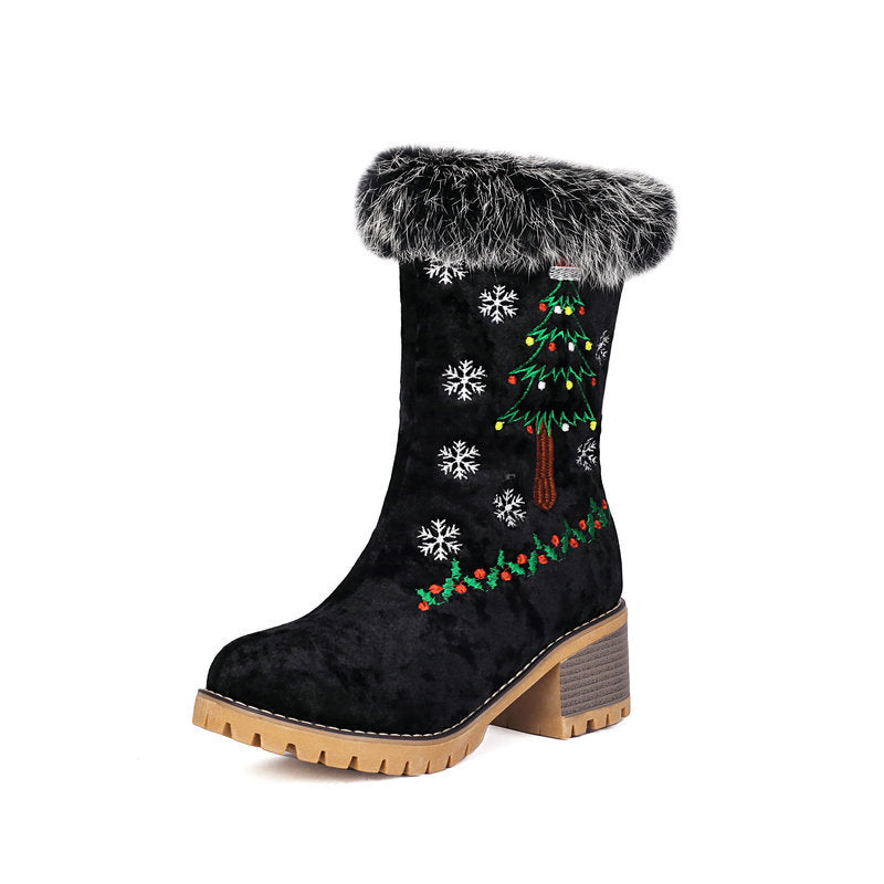 black Women's Christmas Embroidered Fur-Cuff Mid-Calf Boots