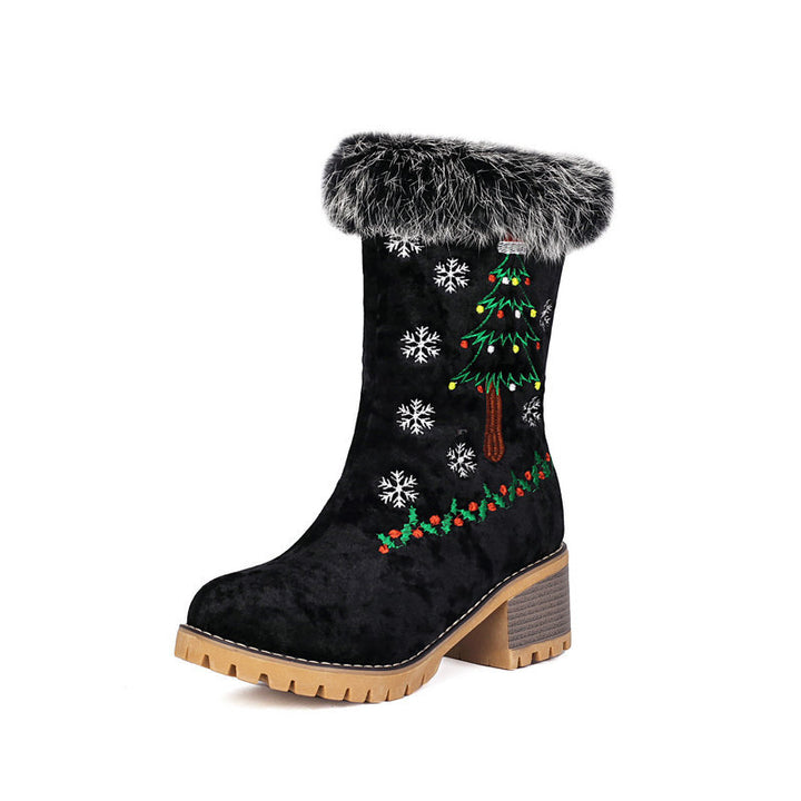 black Women's Christmas Embroidered Fur-Cuff Mid-Calf Boots