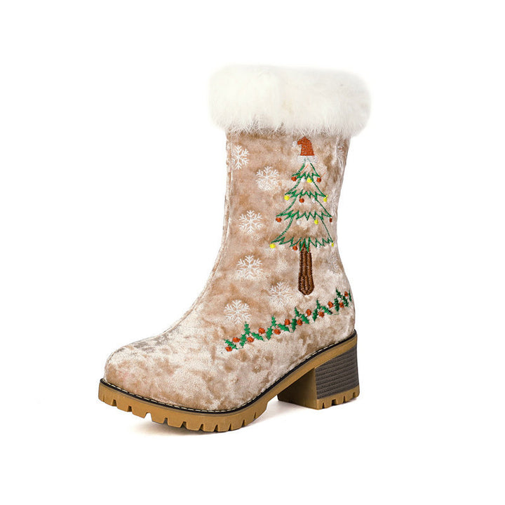 Women's Christmas Embroidered Fur-Cuff Mid-Calf Boots