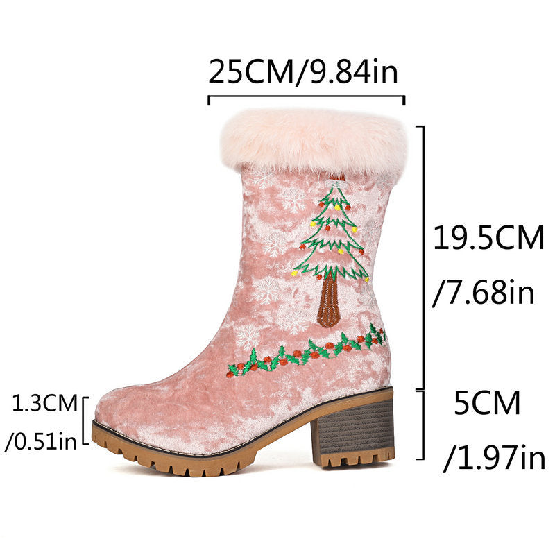 Women's Christmas Embroidered Fur-Cuff Mid-Calf Boots