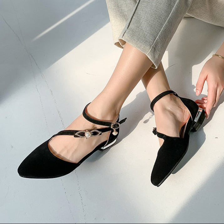 Elegant D'Orsay Pointed Toe Sandals for Women – Pearl Rhinestone Buckle Detail for Special Occasions