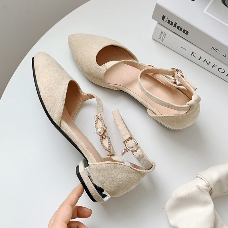 beige Elegant D'Orsay Pointed Toe Sandals for Women – Pearl Rhinestone Buckle Detail for Special Occasions