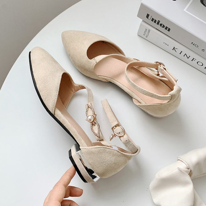 beige Elegant D'Orsay Pointed Toe Sandals for Women – Pearl Rhinestone Buckle Detail for Special Occasions