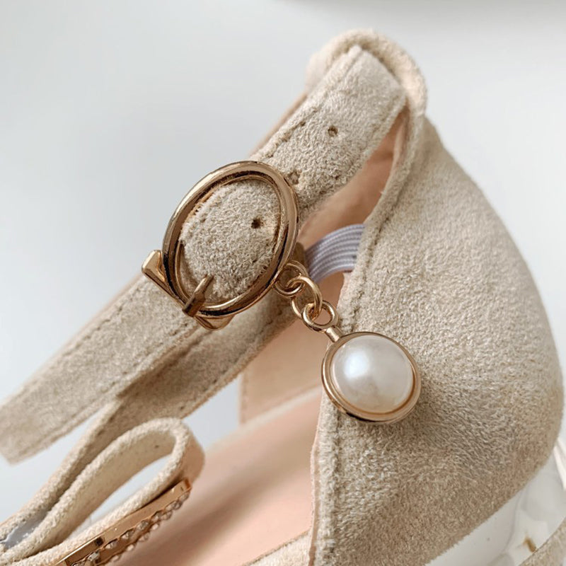 beige Elegant D'Orsay Pointed Toe Sandals for Women – Pearl Rhinestone Buckle Detail for Special Occasions