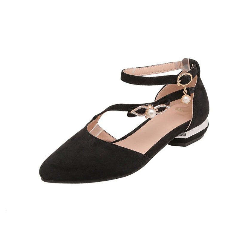 black Elegant D'Orsay Pointed Toe Sandals for Women – Pearl Rhinestone Buckle Detail for Special Occasions