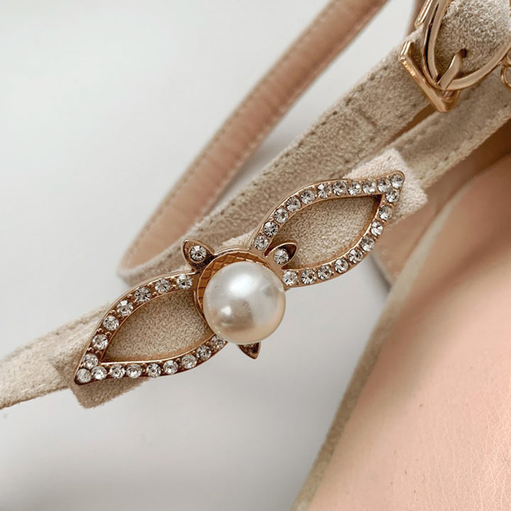 beige Elegant D'Orsay Pointed Toe Sandals for Women – Pearl Rhinestone Buckle Detail for Special Occasions