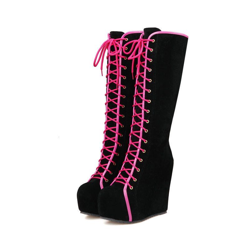 Women's Tall Lace-Up Platform Wedge Boots