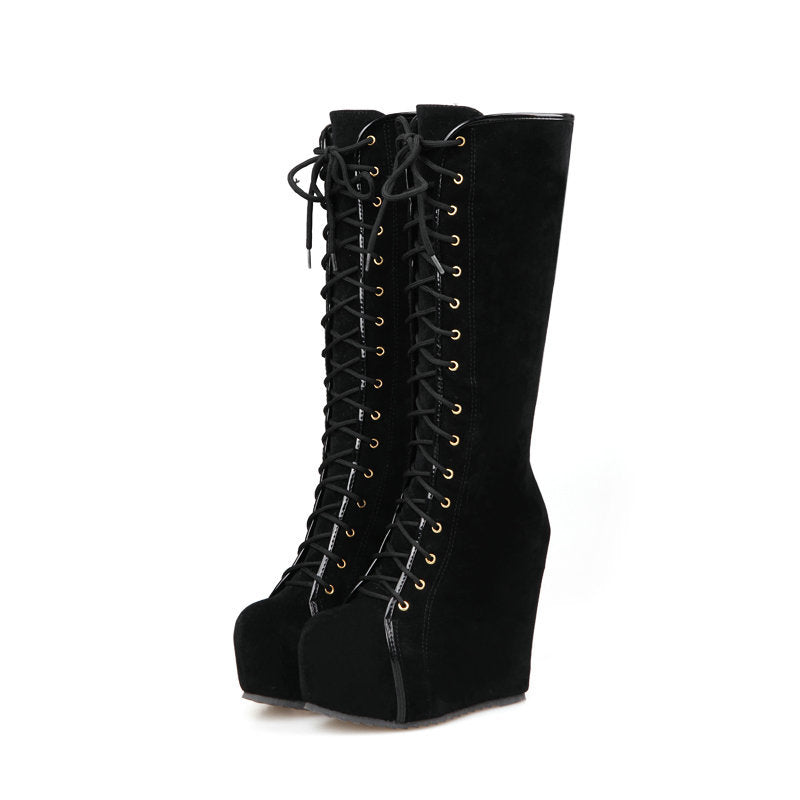 Women's Tall Lace-Up Platform Wedge Boots
