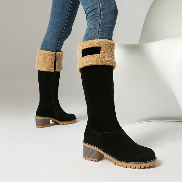 black Women's Plush-Cuff Block-Heel Knee-High Boots