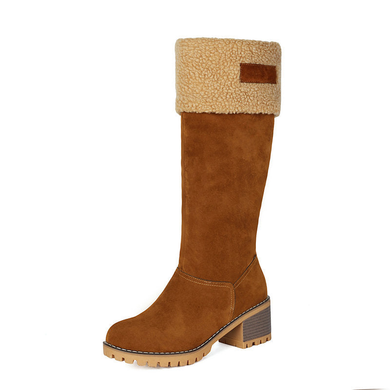 brown Women's Plush-Cuff Block-Heel Knee-High Boots