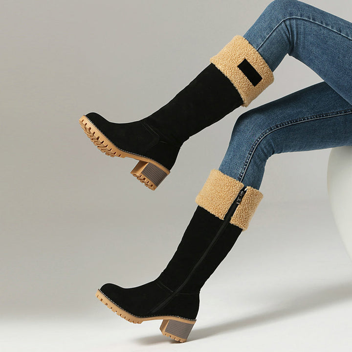 black Women's Plush-Cuff Block-Heel Knee-High Boots